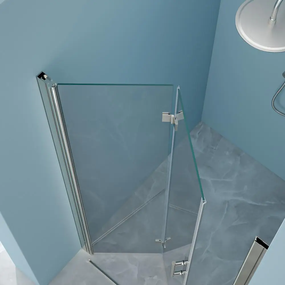 باب دش ثنائي الطي بدون إطار مقاس 32 بوصة عرض × 72 بوصة ارتفاع مع تصميم من الزجاج المقسى موفر للمساحة بلمسة نهائية من الكروم