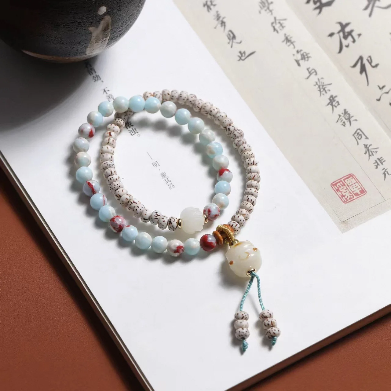 Star Moon Bodhi Shoushan Stone Double Loop Bracelets Retro Chinese Style Artistic Jewelry for Men Women Couples Gifts