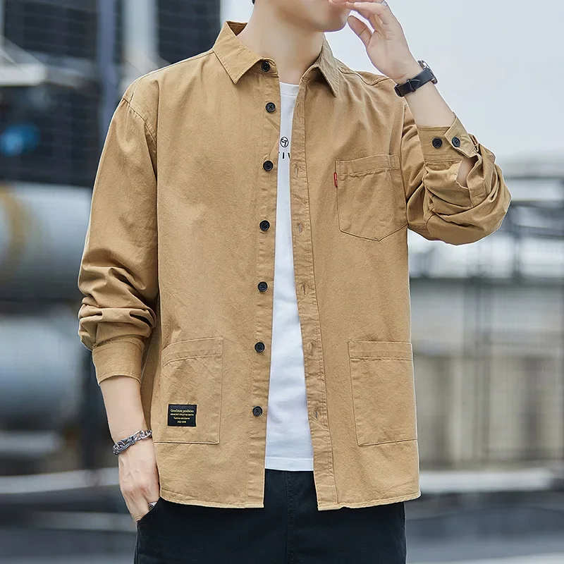 

Мужские новые рубашки с длинным рукавом, однобортная футболка, повседневная рубашка с отложным воротником, блузки с карманами, повседневная новинка 2025, весна