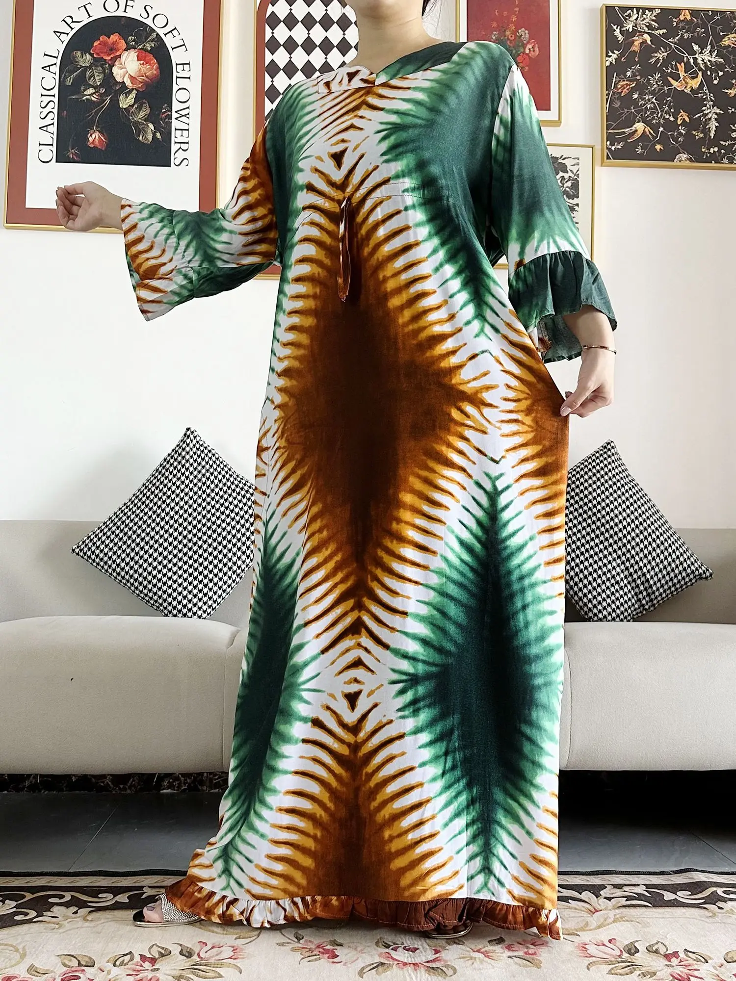 2024 New African Women Long Sleeve Tie-dyed Colorful Dashiki Cotton Floral Dress Printing Loose Caftan Dress Casual Vestido