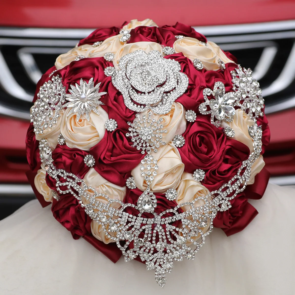 

Burgundy Bride Wedding Hand imitation Rose Eternal bouquet Tassels crystal camellia silver diamond ribbon handmade flower ball