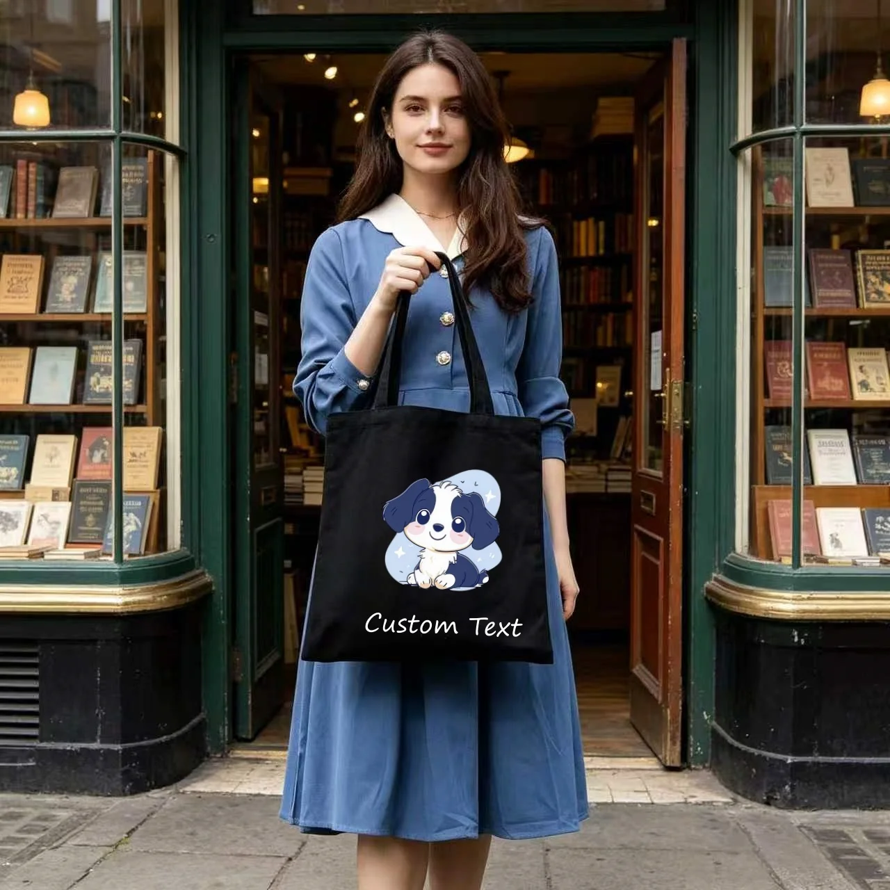 1PC Custom Text Canvas Tote Bag Cute Cartoon Border Collie Puppy Star Print Shoulder Reusable Shopping Handbag Women Gift