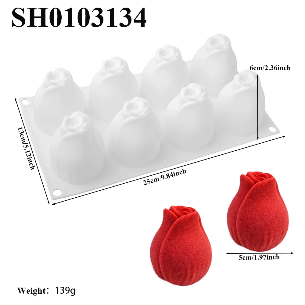 8 or 15-Cell Rose Bud Design Valentine's Day Silicone Cake Mold French Mousse Mould Candle Mold Food Grade Dessert Baking Tools