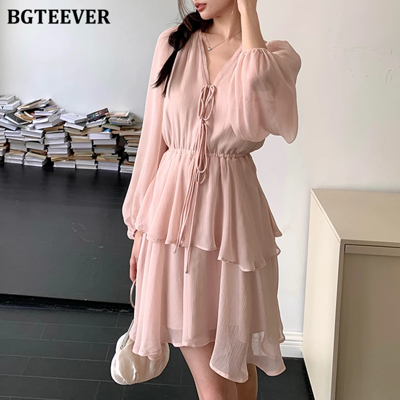 

BGTEEVER элегантное женское платье трапециевидной формы на шнуровке с v-образным вырезом, летнее повседневное женское мини-платье с тонкой талией и рукавами-фонариками, женские платья