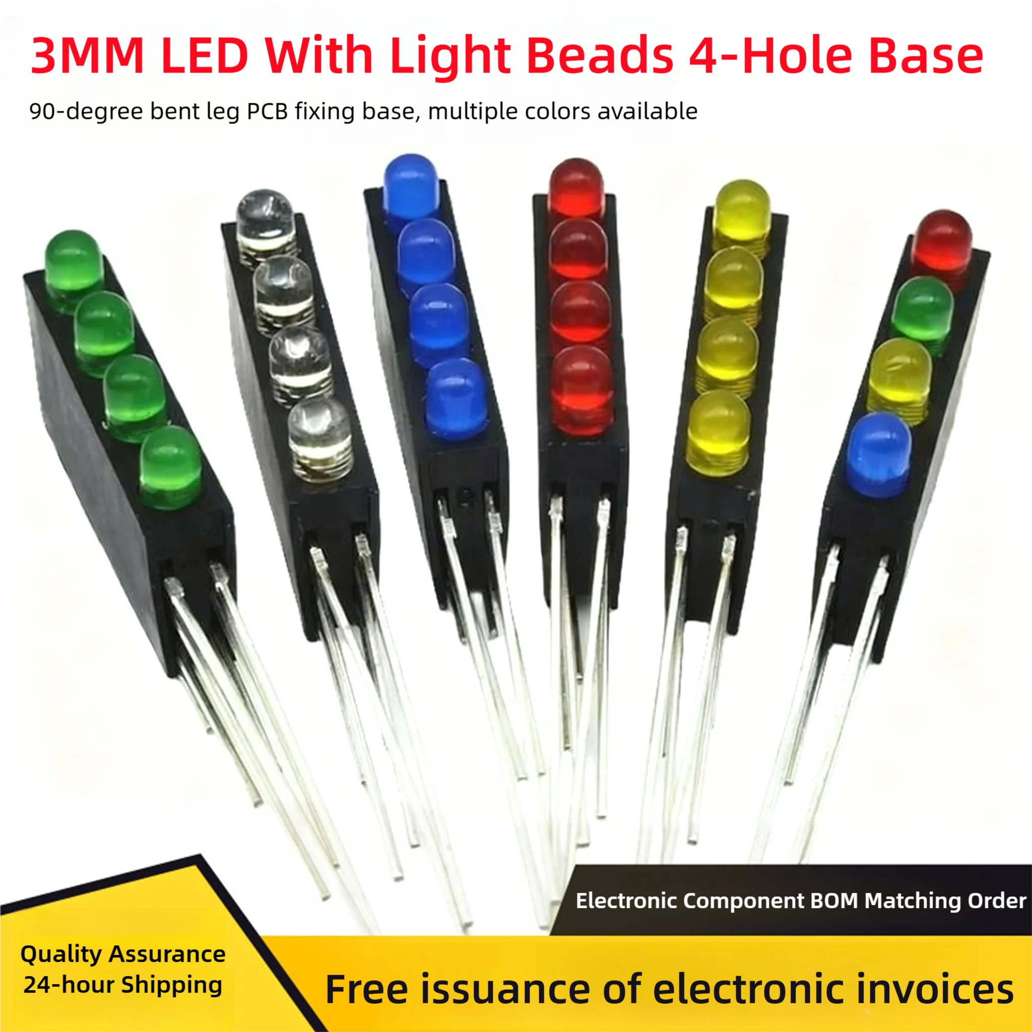 F3MM 4-Hole Lamp Holder With LED, Borderless Lamp Beads, 90-Degree Curved Feet, PCB Fixed Base, Four-Hole Lamp Sleeve