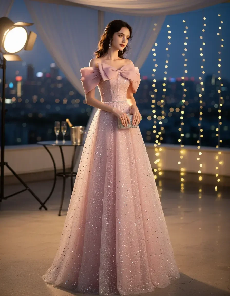 

Blush Pink Off Shoulder Bow Sequin Tulle Ball Gown Quinceanera Sweet 16 Birthday Prom Evening Dress with Free Petticoat