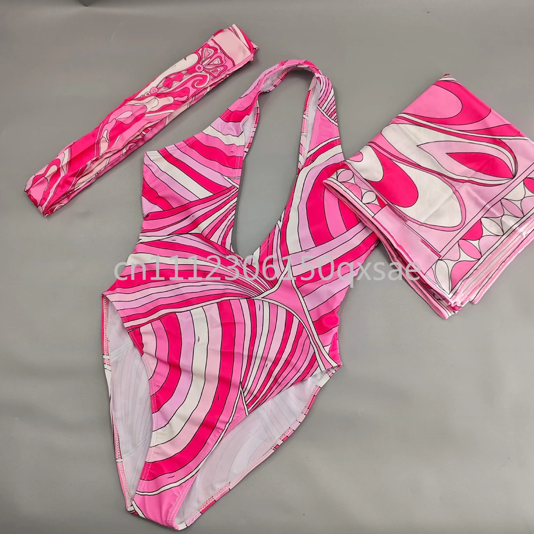 Women's Pink Headband Scarf Swimsuits with Letter Signature Logo Lady Headband Scarf Bikini Sets Beachwear Swimwear