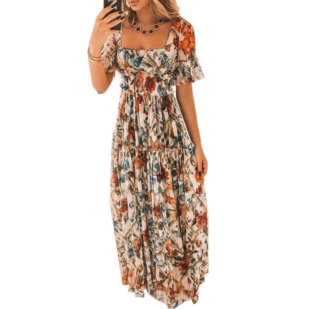 Ropa femenina Vestidos para mujer Vestido de cintura alta Mangas con volantes estampado cuadrado Estilo bohemio Cintura adelgazante Vestidos de hadas florales