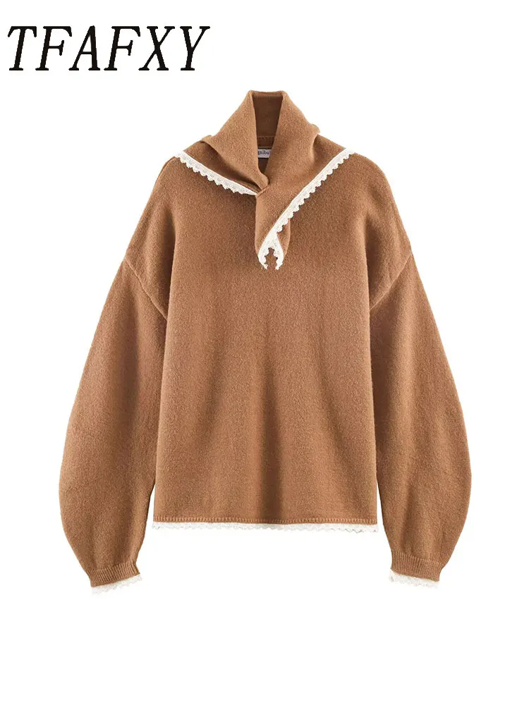 

TFAFXY Women's Elegant Knitted Sweater Fashion Long Sleeve Scarf Collar Sweater Pullover New Casual Loose Knitwear Tops ﻿