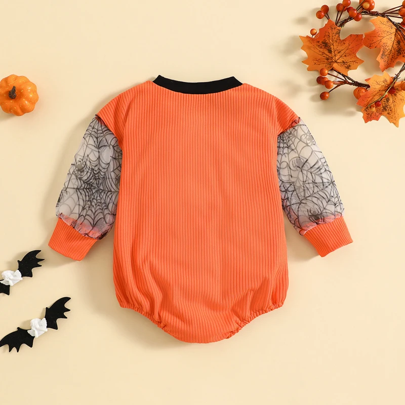 Halloween-Kostüm-Overall mit Kürbisaufnäher für Kleinkinder, Netzärmeln und rundem Ausschnitt für Neugeborene – bezauberndes Baby-Outfit