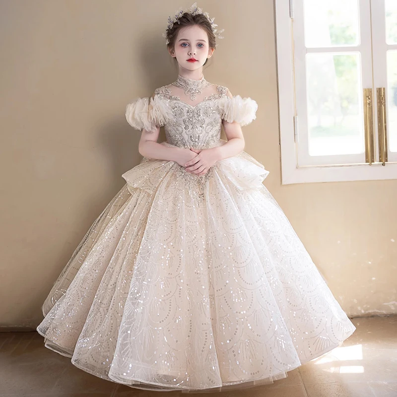 Flor meninas vestido de casamento luz luxo apliques piano desempenho vestidos requintado fora do ombro brilhante baile de formatura vestidos de princesa