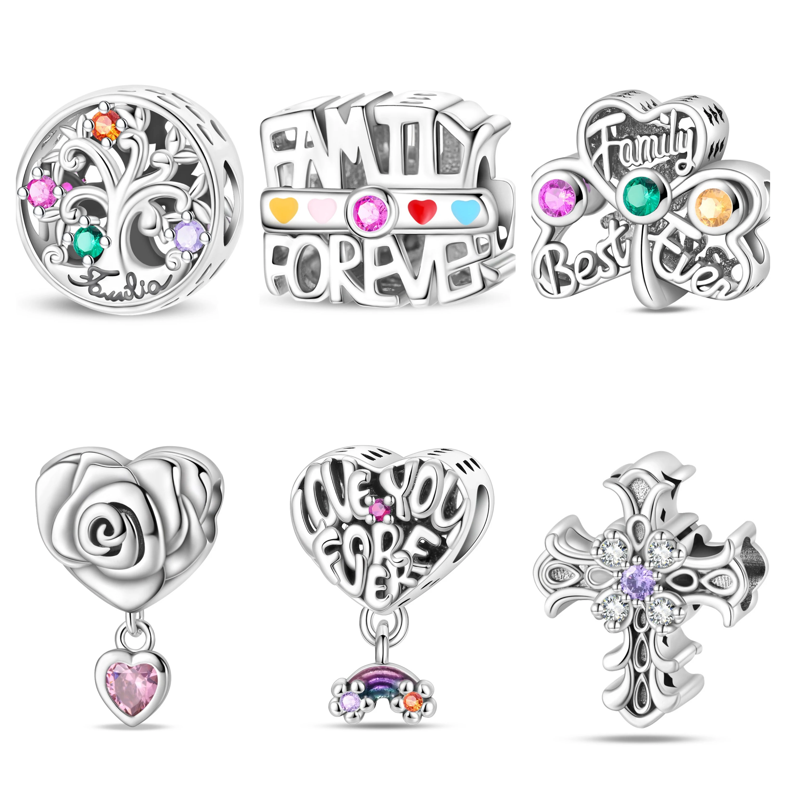 Abalorio de Plata de Ley 925 con Diseño de Rosa y la Frase 'Love Family Forever', Compatible con Pulseras y Collares Originales de 3mm, Accesorios de Joyería para Mujer, DIY
