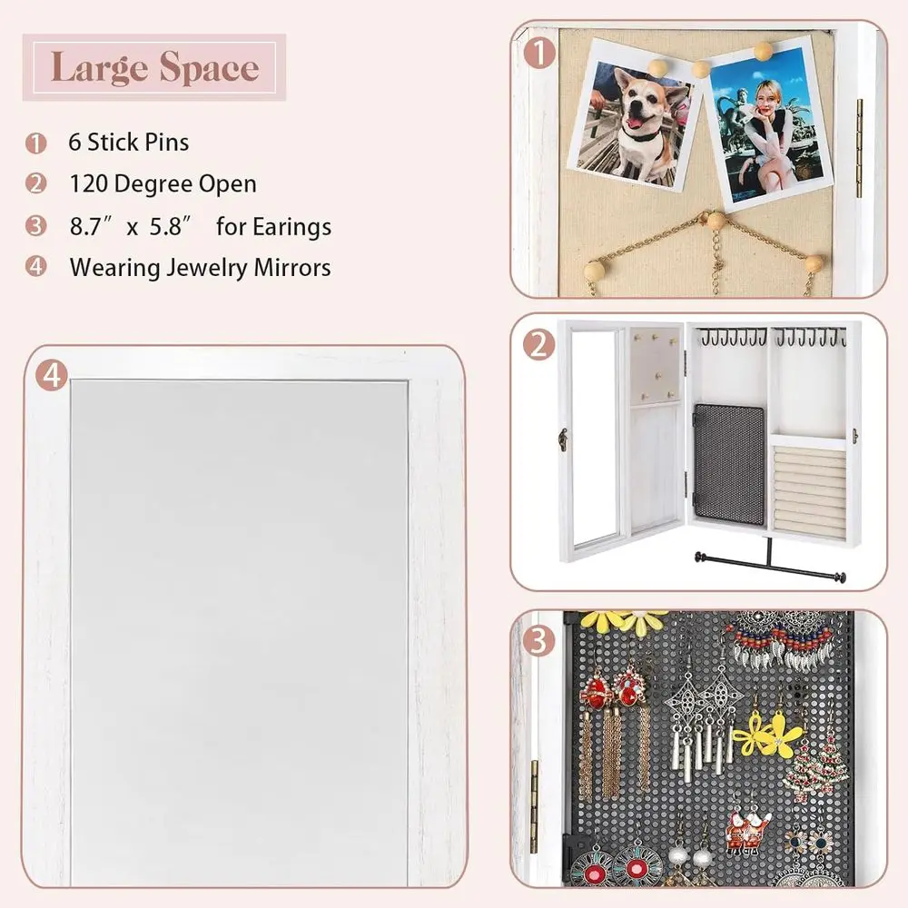 Rustikaler Wandschrank aus Holz mit Spiegel zur großen Schmuckaufbewahrung: Halsketten, Ohrringe, Armbänder, Ringe – Weiß