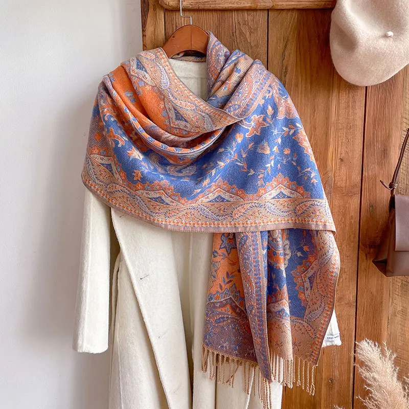 Outdoor Jacquard Scarf Thick Cashmere Tassel Shawl Winter Warm Neck Wrapped in Cashmere Flower Traveling Women's Paisley