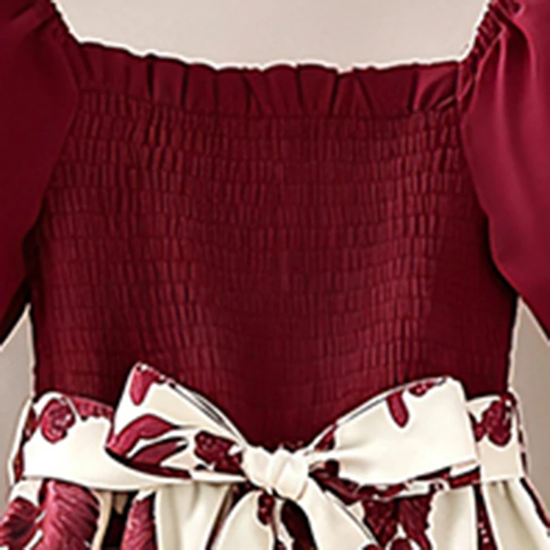 Sommerkleid für Mädchen 13-16 Jahre, Blumenmuster, Quadratischer Ausschnitt, Puffärmel, Gerafftes Oberteil, Schleifenknoten an der Taille, A-Linie, Swing-Midi-Kleid für Teenager – Detail 7