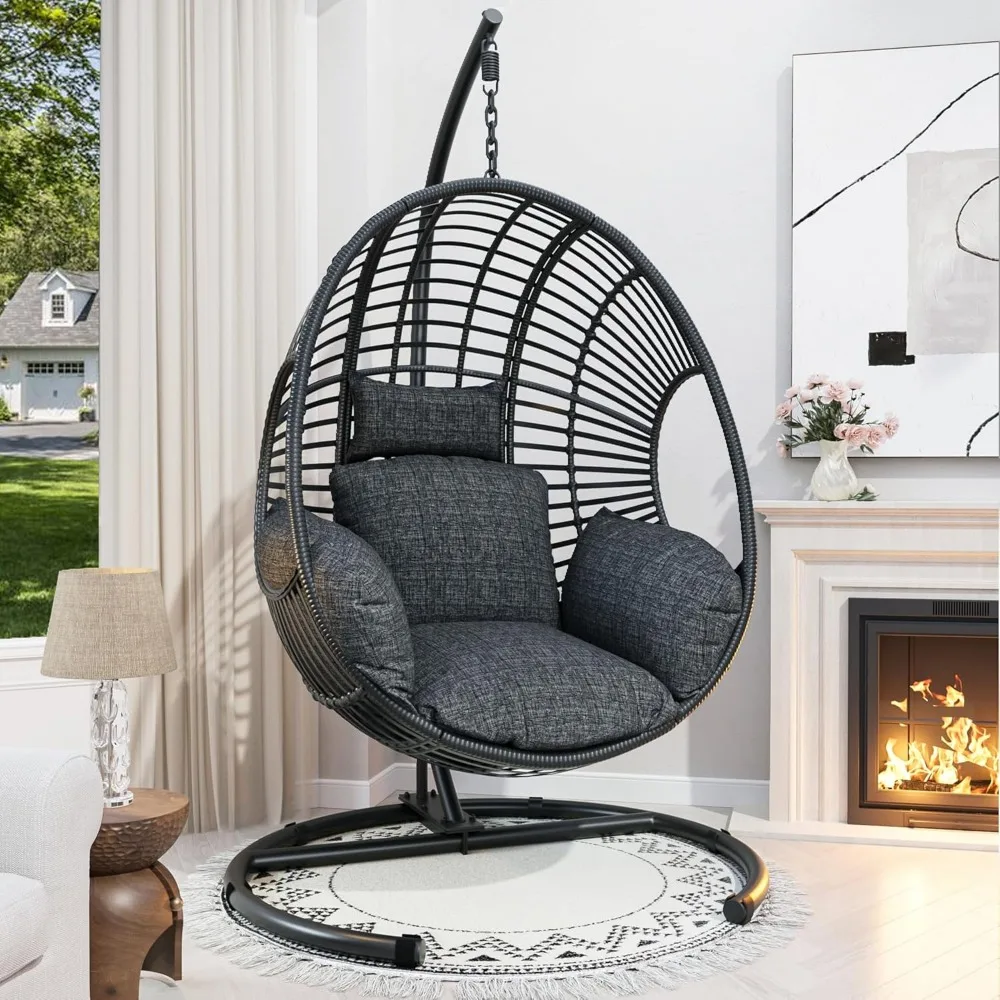 Extra grote hangende eierstoel Outdoor rieten schommelstoel met standaard Regenhoes UV-bestendig kussen 400 lbs capaciteit voor terras