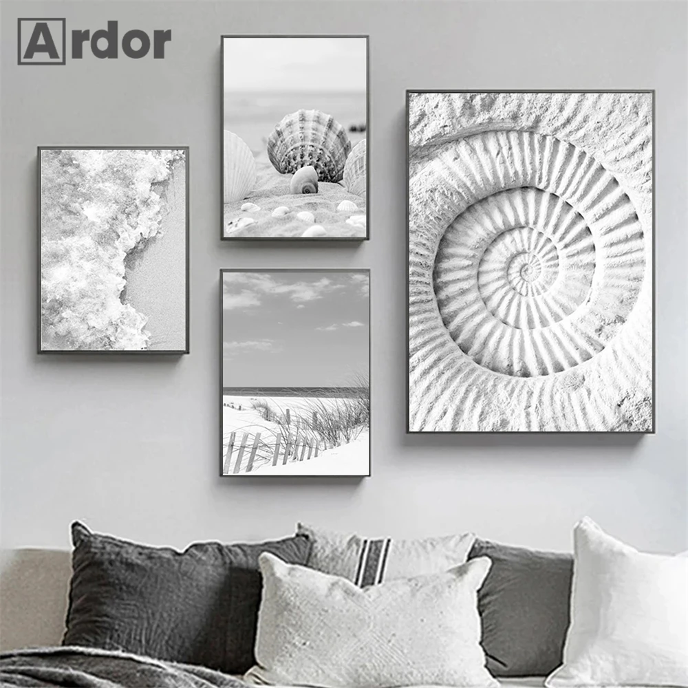 Sea Beach Waves Canvas Poster Black And White Wall Paintings Coconut Tree Art Prints Shell Starfish Print Pictures Bedroom Decor