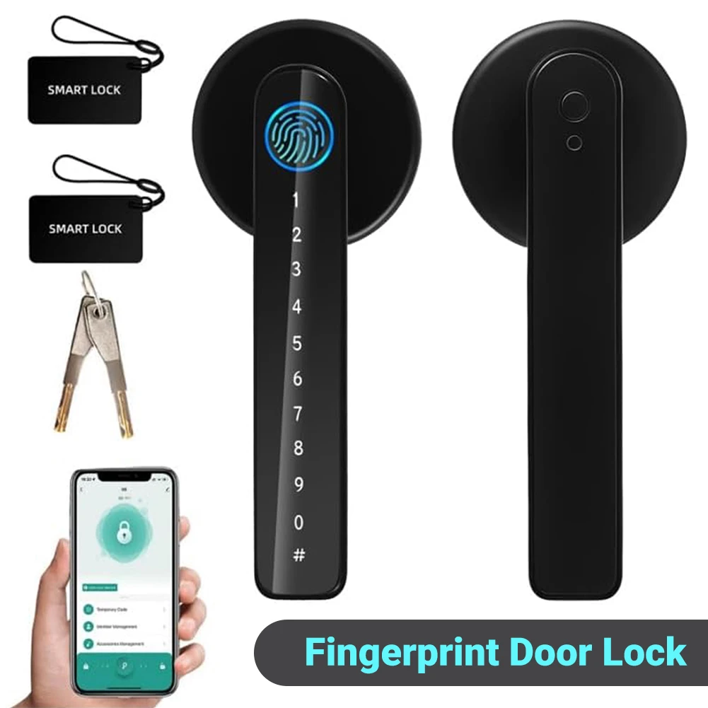 

Дверной замок с функцией распознавания отпечатков пальцев и ручкой, бесключевой доступ, управление через приложение/ключ/IC-карту для спальни, дома, отеля, офиса, квартиры