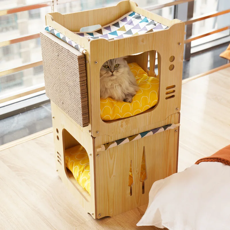 OEM/ODM Hot Sale Closed Cat Hammock Nest Bed Multifunction Cat Climbing Tree Wooden House Box with Cat Mat