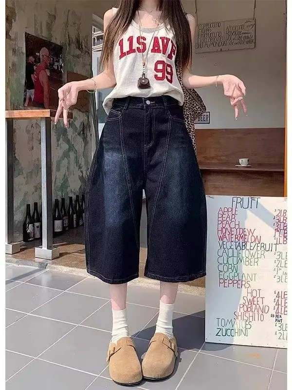Large Size American Backstitch Splicing Wide Leg Jeans Women Summer New Vintage High Waist Seven Inch Pants Shorts