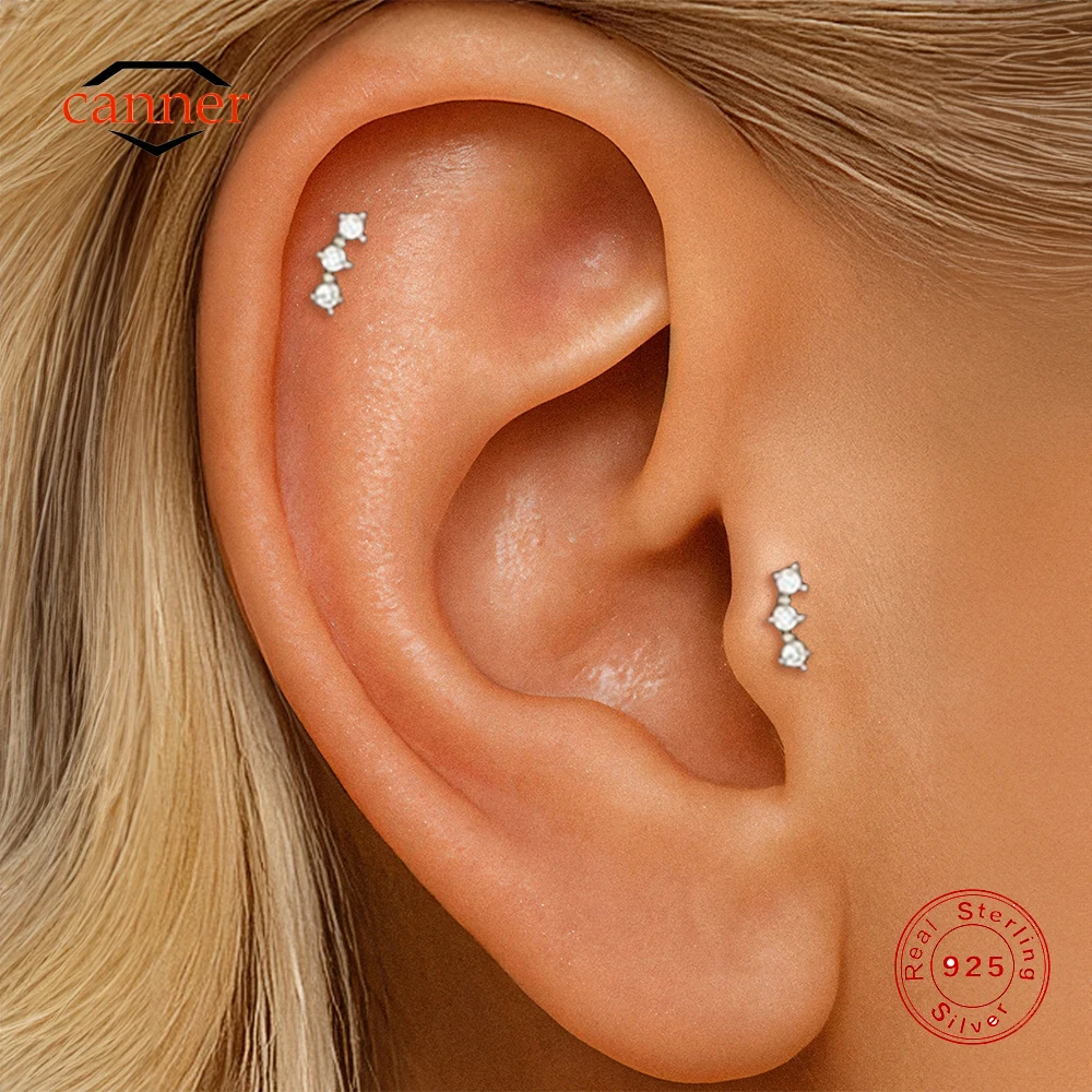 CANNER 1PC Mini 3 CZ Thread Flat Head Ear Bone Puncture Earring For Women 18K Gold Ins Minimalism Classic Fine Jewelry Gift