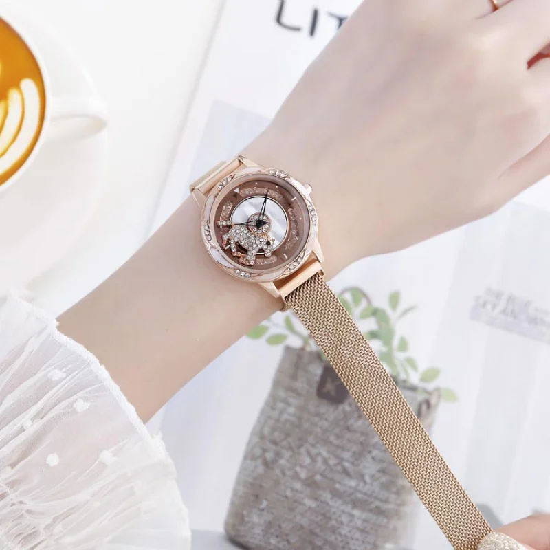 Women's Fortune-Turning Fashion Waterproof Diamond-Studded Rotating Elegant Magnetic Mesh Strap Watch