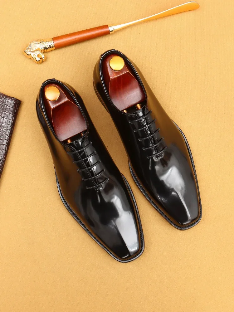 

2024 Spring And Autumn New Men's Formal Shoes Genuine Leather Square Headed Lacing Groom Wedding Shoes