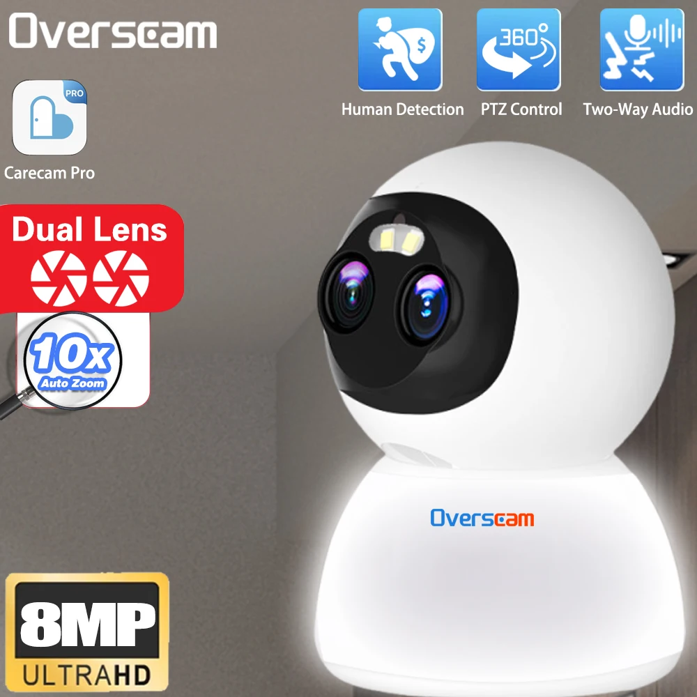 

5MP 10X Hybrid PTZ Zoom Wireless WiFi PTZ IP Light Camera 360 Degree Carecam Pro Dual Lens WiFi Security Auto Tracking Camera