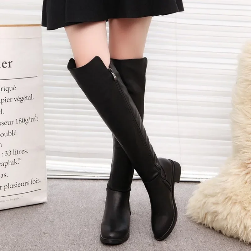 Female Shoes 2023 High Quality Winter Warm Women's Knee High Boots Simple Black Slim Was Thin High Boots Botas Largas De Mujer