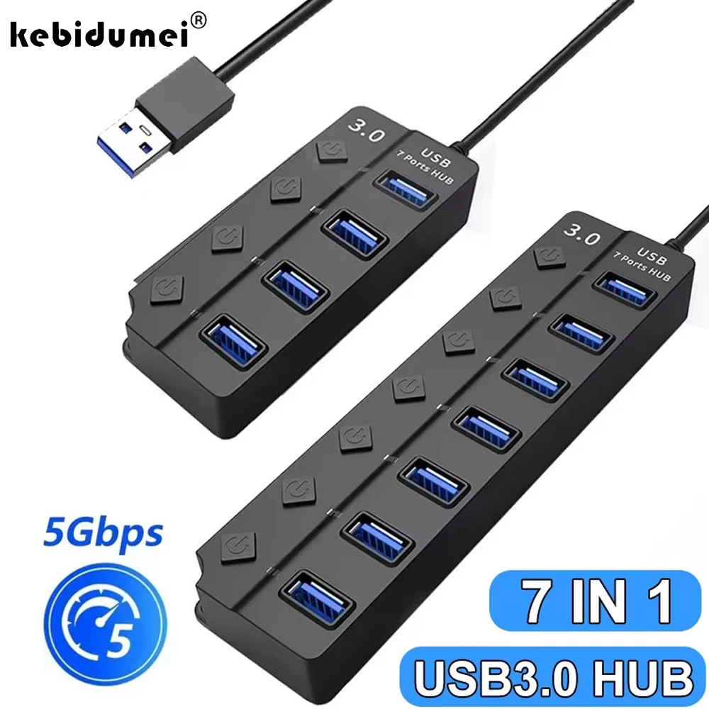 

USB-концентратор 3.0 Multiprise USB-высокоскоростной разветвитель 7-портовый концентратор 5 Гбит/с Адаптер питания с переключателем Длинный кабель с несколькими расширителями-концентратором