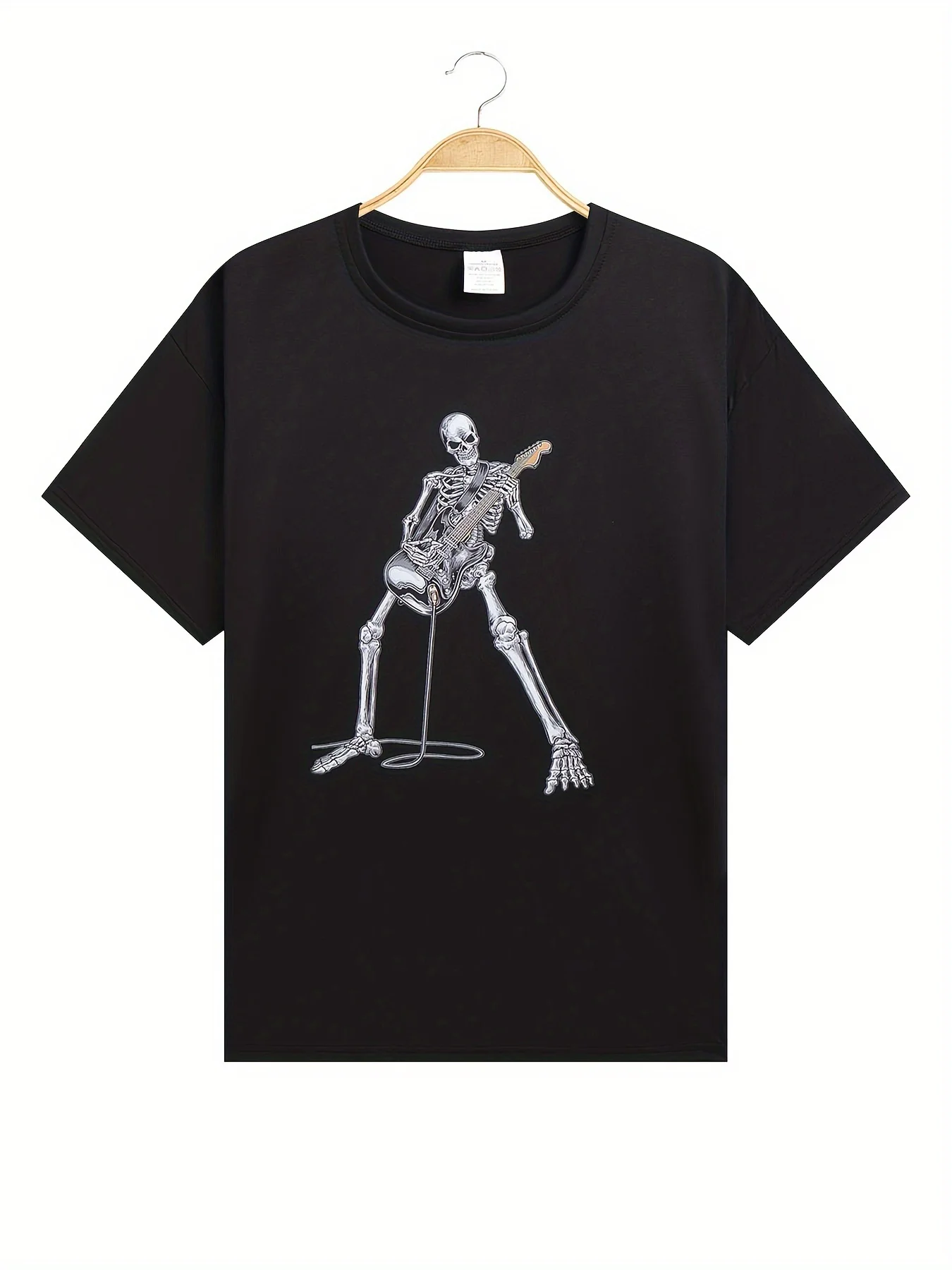 Men's Summer 100% Cotton Fashionable Casual Loose Happy Skull Guitar Pattern Printed Round Neck Short Sleeve T-shirt Top