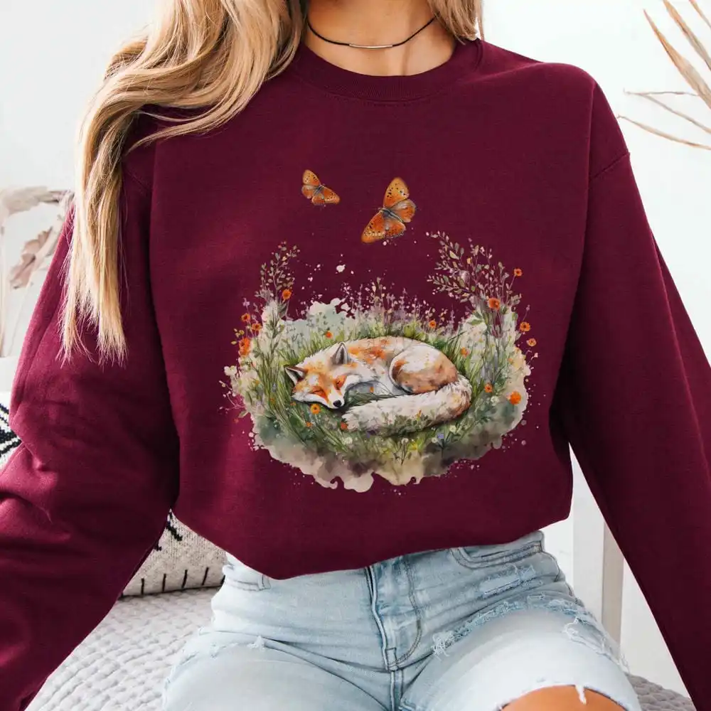 เสื้อสเวตเชิ้ตแขนยาวลายสุนัขจิ้งจอกน่ารักสไตล์คอทเทจคอร์ ผ้าฟลีซนุ่มสบาย แนววินเทจ ตลก ทันสมัย สไตล์ลำลอง Y2K เสื้อสตรีทแวร์