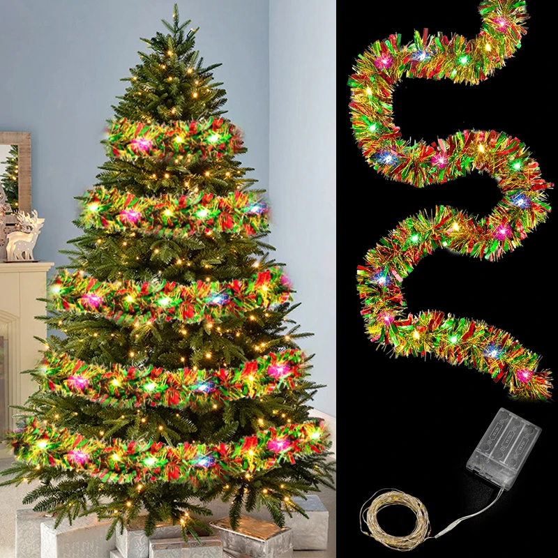 

1pc Christmas Tinsel Garland Metallic Shiny Garland with LED Lights Christmas Tree Garland Thick Hanging Suitable for Home Decor