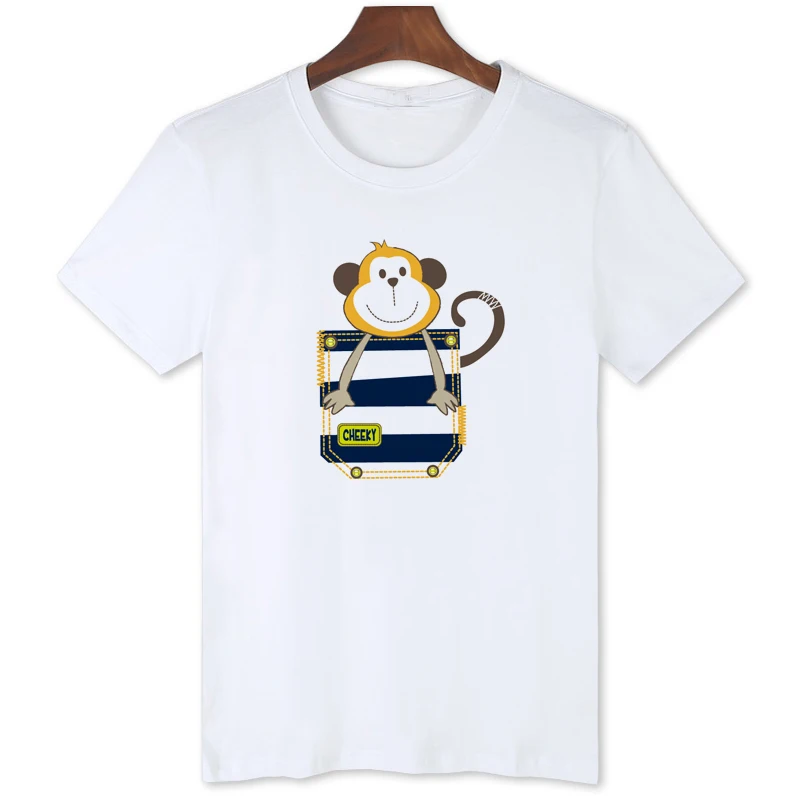 Pocket Monkey Cartoon Print T-shirt Men's funny cute Tops Good quality summer comfortable short sleeve Tshirts