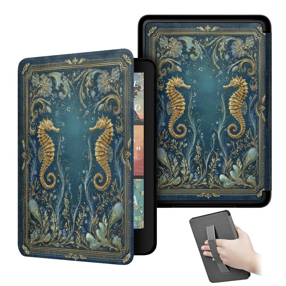 Gold Sea Horse Ink E-Reader Case For Kindle Colorsoft Signature Edition 1stGen 7in 2024 Paperwhite 12th Gen Smart Protect Cover
