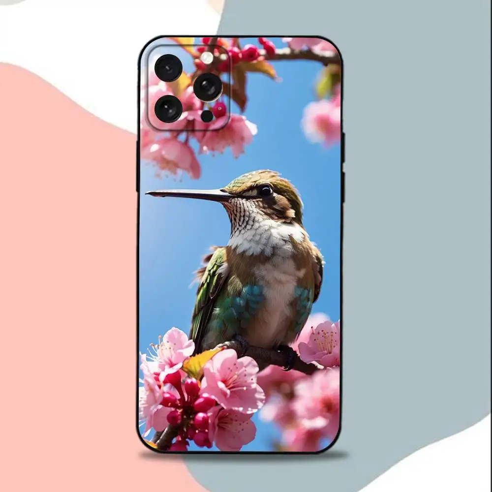 Casing Ponsel Art H-Humming B-bird Untuk iPhone 15,13,16,12,11,17,14,Plus,Pro,Max,XS,XR,X,SE,Mini, Penutup Silikon Lembut Hitam