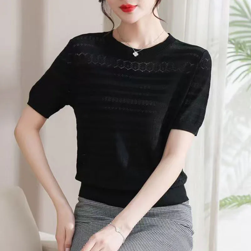 Pull à manches courtes en soie glacée pour femme, col rond, Design fin, T-Shirt court en Jacquard, nouvelle collection été