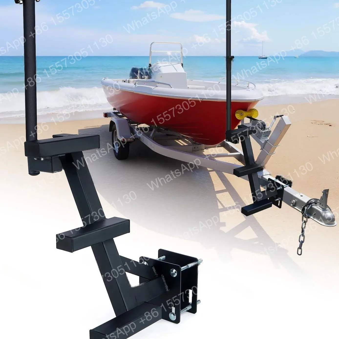 Boat Trailer Pedals with Handrails, Heavy Boat Boarding Pedal Ladder for Tow Hooks, Side Mount Anti-Slip 3