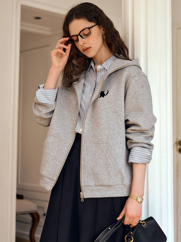 OLrain Women's Grey Casual Cat Embroidered Hoodies Autumn 2025 New Loose Soft Warm Comfortable Knitted Outerwear O57QW001216