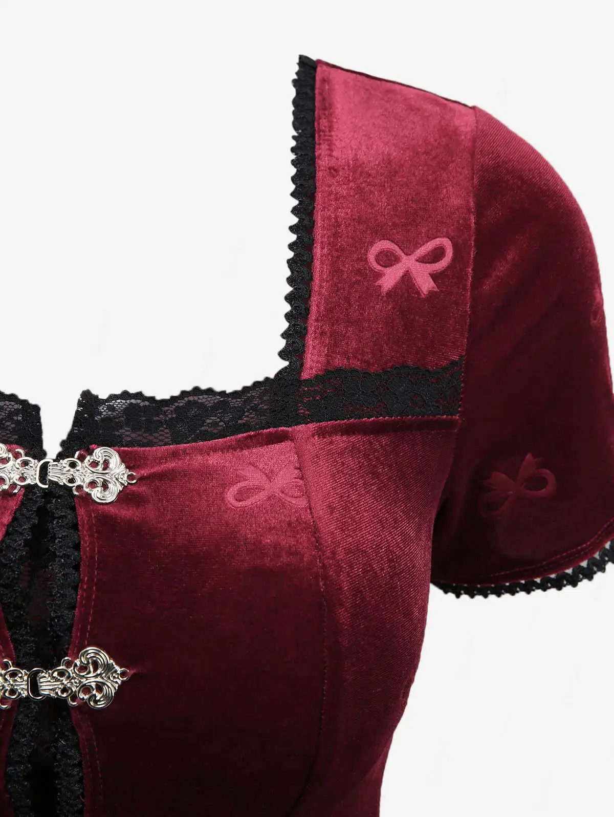 เดรสสั้นทรงเอไลน์สไตล์โกธิคสำหรับผู้หญิง สีแดงเข้ม ผ้ากำมะหยี่ลายนูน แต่งโบว์ แต่งขอบด้วยลูกไม้ และกระดุมแบบติดตะขอ