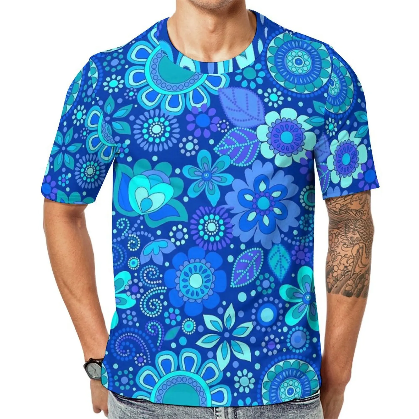 Plus Size T-Shirt Summer Blue Flower Dots T-Shirts Retro Floral Casual O Neck Tshirt Mens Novelty Design Tees