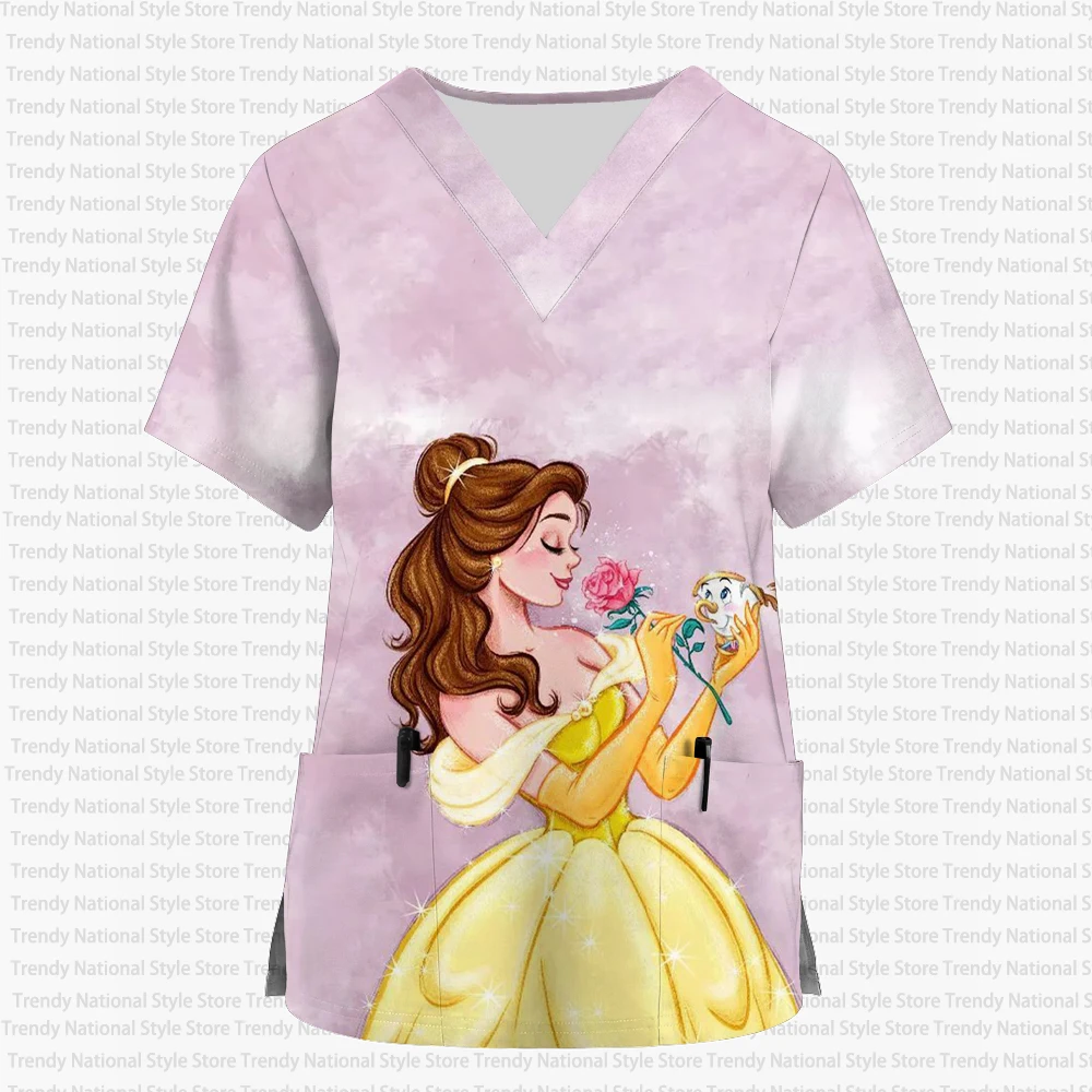 Damska bluzka pielęgniarska z nadrukiem, dekolt w serek, krótki rękaw, matowa, motyw Disney Belle Princess, koszulka damska do szpitala, sklepu zoologicznego.