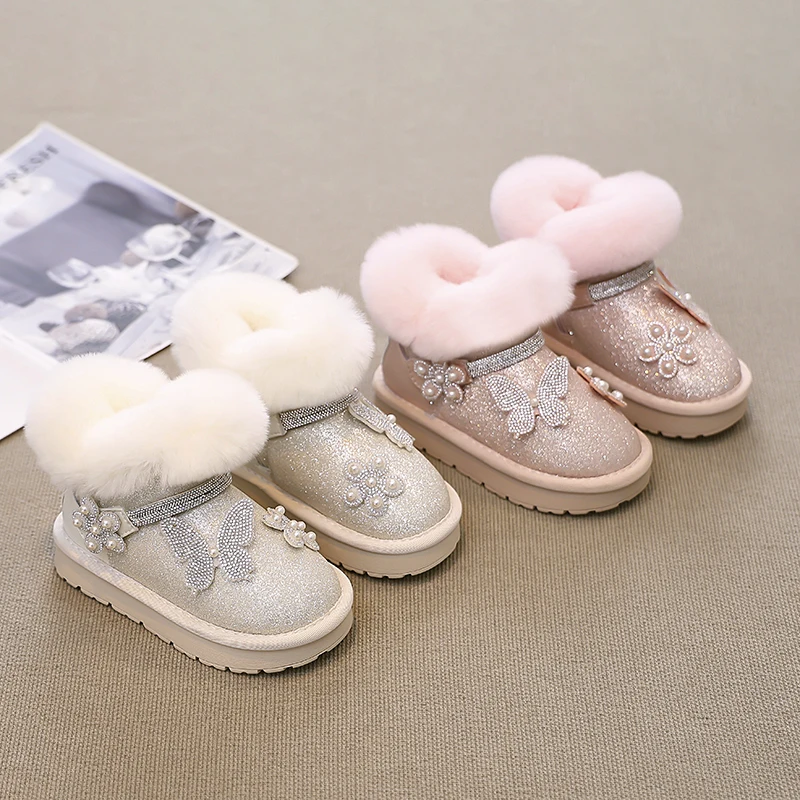 

Girls Snow Boots 2025 Winter New Fashion Bow Bright Diamond Princess Cotton Shoes Down Warm Casual Boots Thick-soled Girls Boots