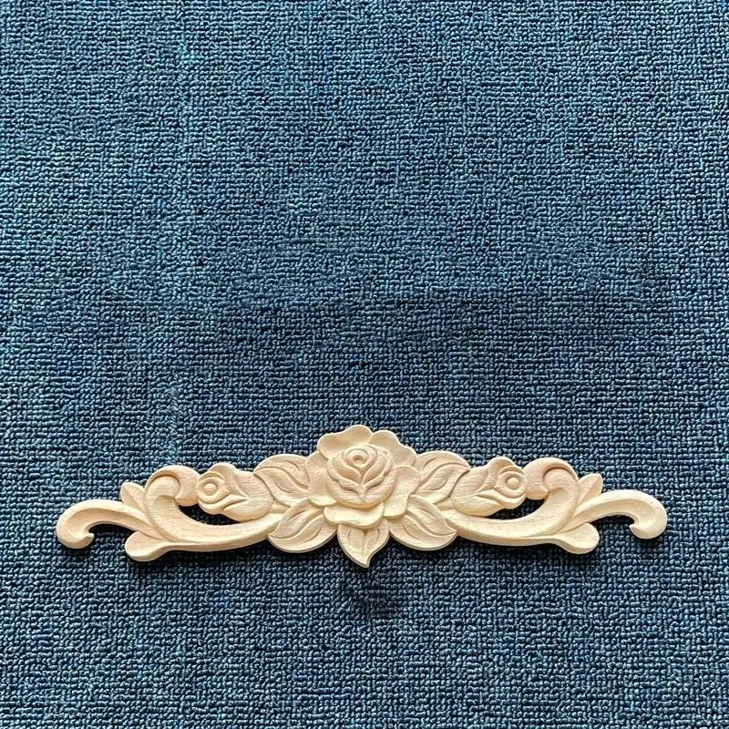 4Pcs Wood Carved Applique Mouldings Long Onlay Unpainted Rose Flower Door Home Decor Sculptures For British Farmhouse Style
