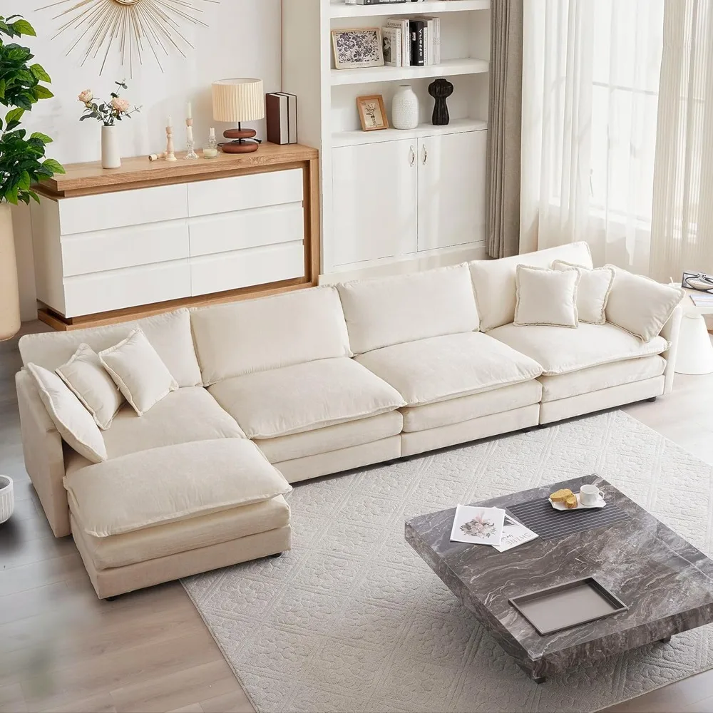 Sectional Sofa, 146.5 Inch L Shaped Couch Set for Living Room, 4-Seater Comfy Cloud Couches with Movable Ottoman