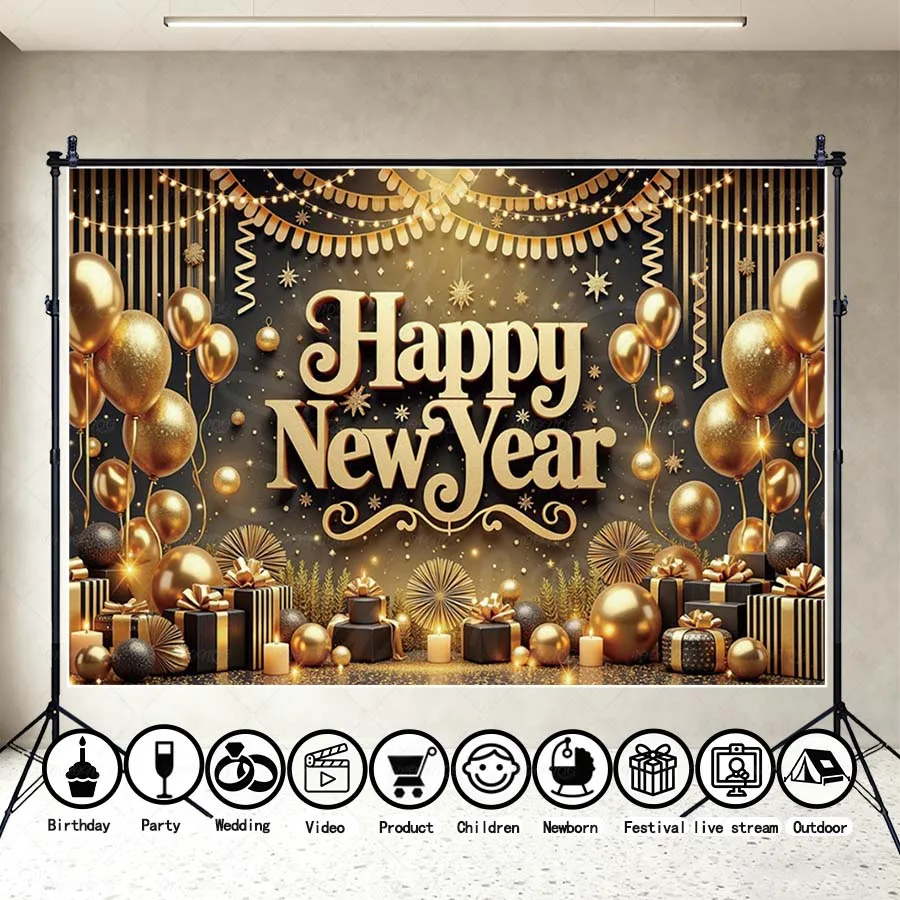 MOON.QG 2026 خلفيات لافتة السنة الجديدة السعيدة للصور هدايا سانتا بالون ذهبي خلفية للأطفال دعائم تصوير منطقة التصوير #2