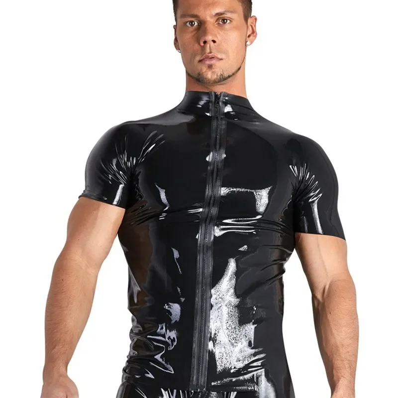 Mens wetlook PVC leather T shirts tops black punk tight fitness clothing short sleeve zipper mens stage tops sexy party Clubwear