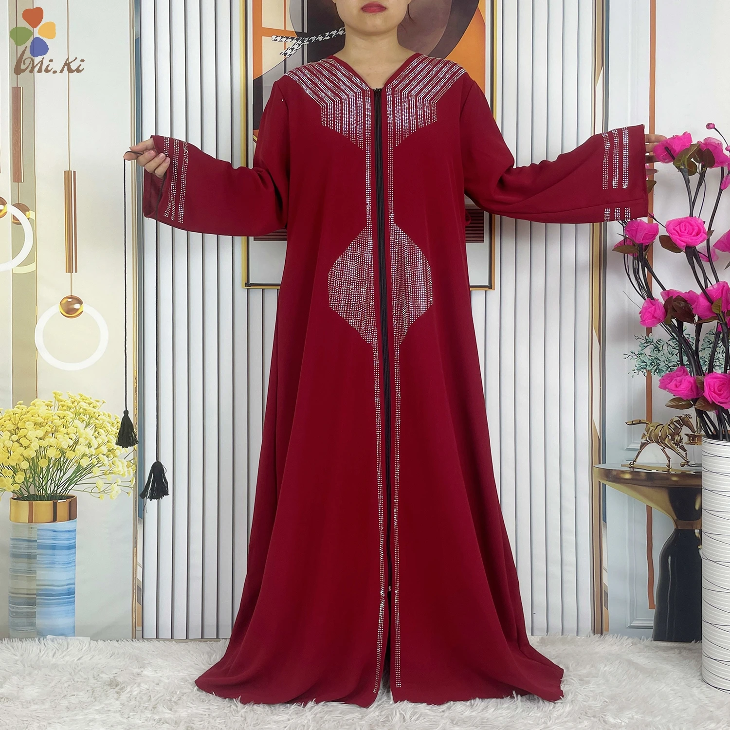 2024 African Abaya Women Open Robe Long sleeved Diamond Chiffon Robe Muslim Women Elegant Robe Kaftan Islamic Party Clothing