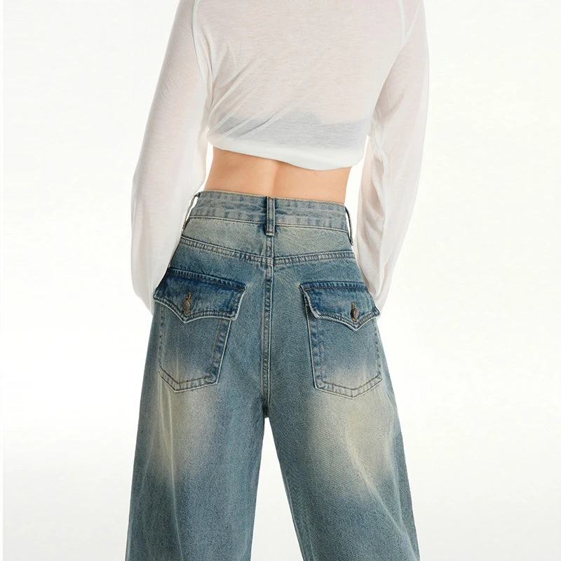 Damen-Hose im Taschen-Design, Retro-Waschung, Distressed, hohe Taille, schlankmachende, weit geschnittene, locker sitzende Denim-Hose in voller Länge