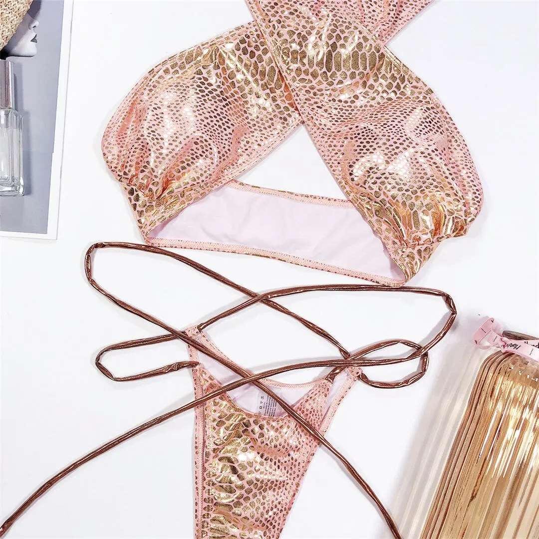 2026 Glänzender Neckholder-Tanga-Bikini Damen-Bademode Zweiteiliger Bikini-Set Wickel-Badeanzug Badebekleidung V2089 – Detail 14